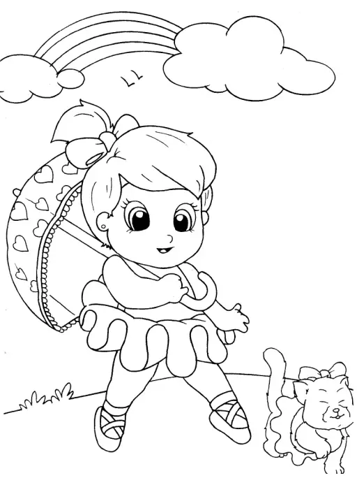 menina com gato para colorir
